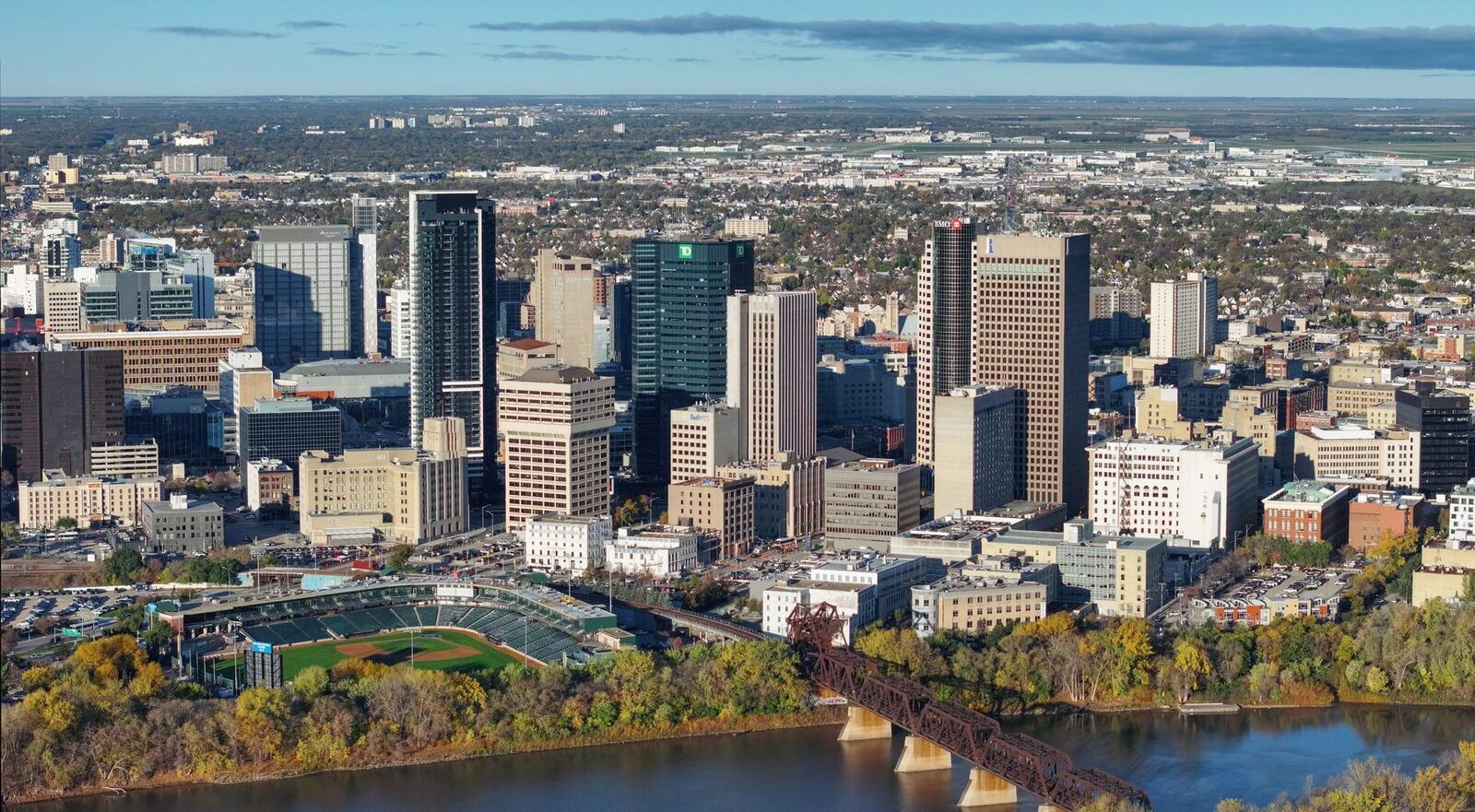 Winnipeg skyline and the Forks at the meeting of two rivers